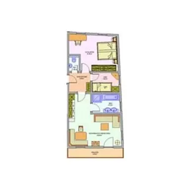 A floor plan of an apartment with various rooms. The areas are marked by different colors and symbols.