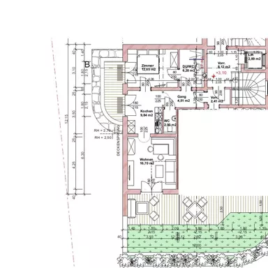 Eine architektonische Zeichnung eines Wohnhauses mit verschiedenen Zimmern und einem Gartenbereich. Der Grundriss zeigt die Anordnung von Wohn- und Esszimmer, Küche sowie Terrassen.