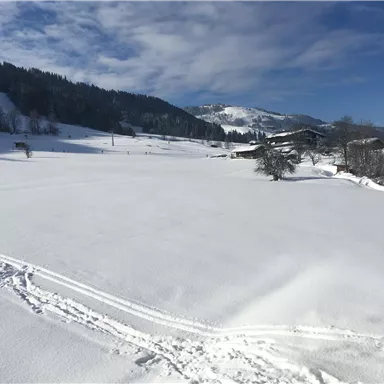 Eine verschneite Landschaft mit sanften Hügeln und einem klaren blauen Himmel. Im Hintergrund sind einige Berge und Gebäude sichtbar.