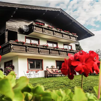 A charming house with wooden cladding and several balconies. In front of the house, red flowers bloom in a green meadow.