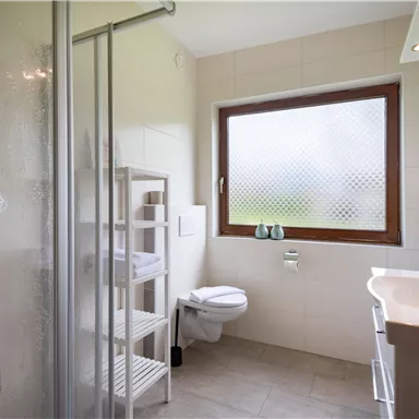 A modern bathroom with a shower and a window. There is a sink, a toilet, and a shelf with towels.