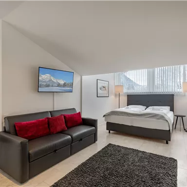 Ein modernes Schlafzimmer mit einem Doppelbett und einem gemütlichen Sofa. Es gibt einen Fernseher an der Wand und große Fenster, die viel Licht hereinlassen.