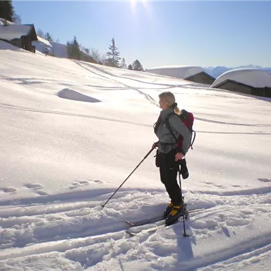 A person is standing on a snowy slope and is walking with ski poles. In the background, snow-covered hills and mountain houses can be seen.