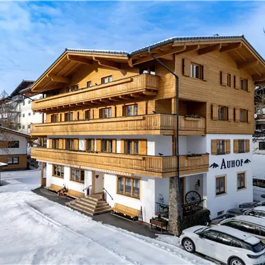 A cozy chalet in wintery snow. The wooden facade gives the building a traditional charm.