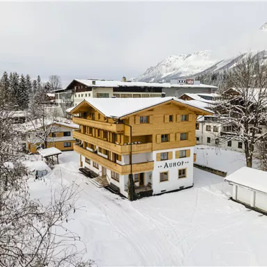 Ein idyllisches Holzhaus in einem verschneiten Landschaft mit Bergen im Hintergrund. Die Umgebung ist ruhig und winterlich, ideal für Erholung und Aktivitäten im Schnee.