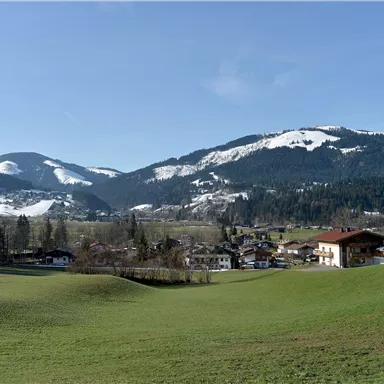 An idyllic landscape with gentle hills and snow-capped mountains in the background. Small houses are nestled in a green valley under a blue sky.
