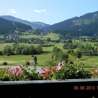 Ein malerisches Tal mit grünen Wiesen und sanften Hügeln. Im Vordergrund blühen bunte Blumen und im Hintergrund erkennt man ein kleines Dorf.