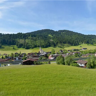 A picturesque landscape with green meadows and a small village in the valley. In the background, gentle hills and trees can be seen.