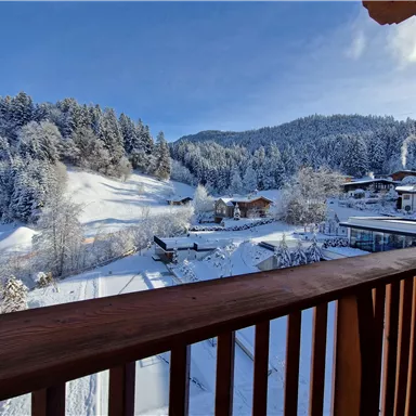 A snowy landscape with snow-covered trees and hills. In the foreground, a wooden balustrade can be seen.