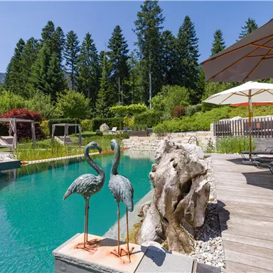 Outdoor area of Hotel Alpenpanorama with natural pool, wooden deck, rock landscape, and sun loungers surrounded by greenery.