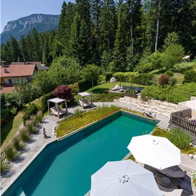 A relaxing pool surrounded by lush greenery and trees. In the background, mountains can be seen, creating a tranquil atmosphere.