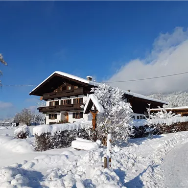 Ein gemütliches Holzhaus im Schnee, umgeben von einer Winterlandschaft. Der Himmel ist klar und blau, und die Schneedecke glitzert in der Sonne.