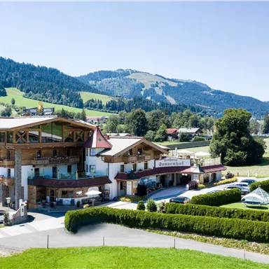 Ein charmantes Hotel in einer malerischen Berglandschaft. Umgeben von grünen Wiesen und hohen Bergen, strahlt die Umgebung Ruhe und Schönheit aus.