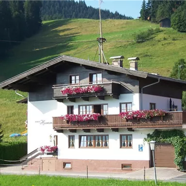 Ein charmantes Haus mit Balkon und bunten Blumen auf den Fensterbänken. Im Hintergrund sind grüne Hügel und Nadelbäume zu sehen.