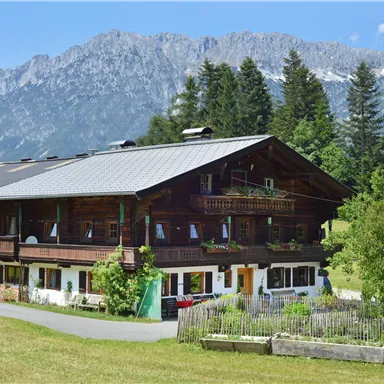 Ein traditionelles Alpenhaus umgeben von grünen Wiesen und hohen Bergen. Der Himmel ist klar und sonnig, was eine idyllische Landschaft schafft.