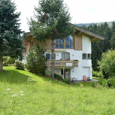 Ein modernes Haus umgeben von einem grünen Rasen und Bäumen. Im Hintergrund sind die Berge und ein Wald sichtbar.