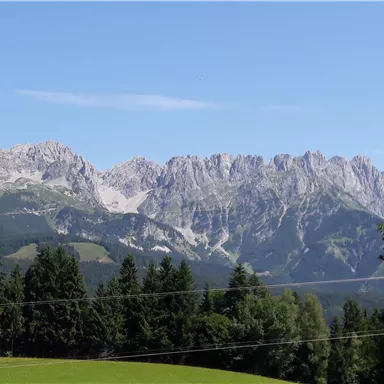 An impressive mountain landscape with rugged peaks and a blue sky. In the foreground, green meadows and forests are visible.