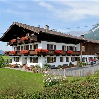 Ein rustikales Haus in den Alpen mit blühenden Balkonen. Im Hintergrund sind majestätische Berge und eine grüne Wiese zu sehen.