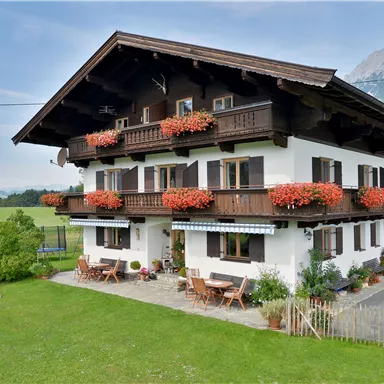 Ein traditionelles Holzhaus mit blühenden Balkonkästen. Die Umgebung ist grün und bergig, ideal für Erholung.