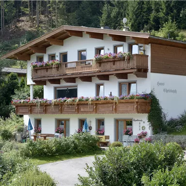 A charming house in alpine style with balconies and many flowers. It is located in a green environment with trees and hills.