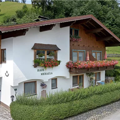 Ein traditionelles Alpenhaus mit Blumenkästen und einem gepflegten Garten. Im Hintergrund sind grüne Hügel und Wälder zu sehen.