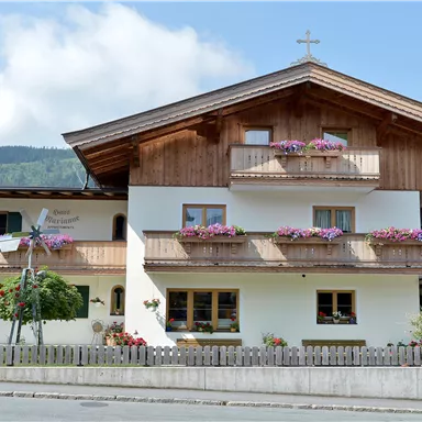 A traditional alpine house with wooden cladding and flower boxes. In the background, gentle hills and a blue sky can be seen.