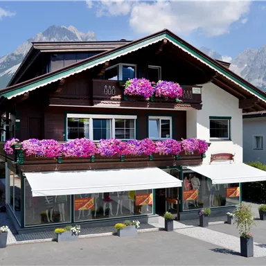 Ein charmantes Holzgebäude mit bunten Blumenkästen und Balkonen. Im Hintergrund sind beeindruckende Berge zu sehen.