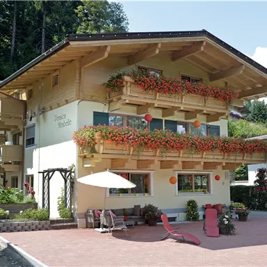Ein gemütliches Holzhaus mit blühenden Balkonen und einer sonnigen Terrasse. Die Umgebung ist grün und einladend.