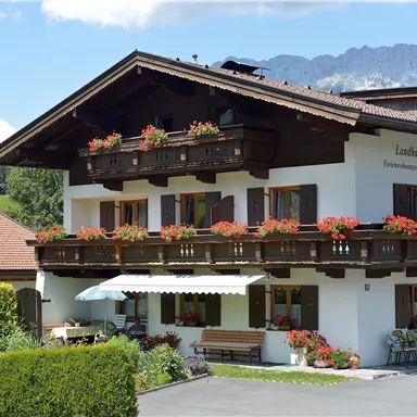 Ein charmantes Alpenhaus mit Blumenkästen und einem großen Balkon. Die Umgebung ist grün und einladend, ideal für Erholung.