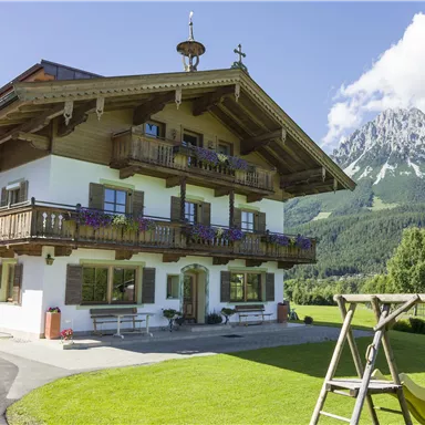 Ein charmantes Landhaus mit Holzbalcon und blühenden Pflanzen. Im Hintergrund sind beeindruckende Berge und ein grüner Garten zu sehen.