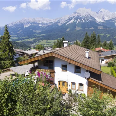 A cozy house amidst green trees and flowers. In the background, majestic mountains rise under a clear sky.