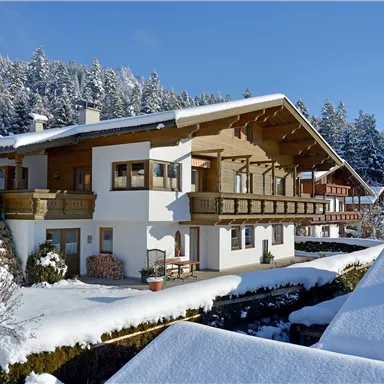 Ein modernes Haus im Schnee mit Holzveranda. Die Umgebung ist von verschneiten Bäumen umgeben und der Himmel ist klar und blau.