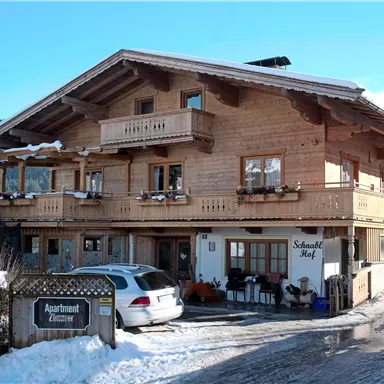 A traditional wooden house in alpine style with multiple balconies. It is situated in a snow-covered setting with a clear blue sky in the background.