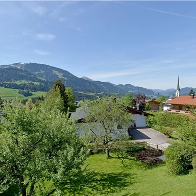 A picturesque landscape with green meadows and mountains in the background. In the scene, some houses and a church tower are visible.