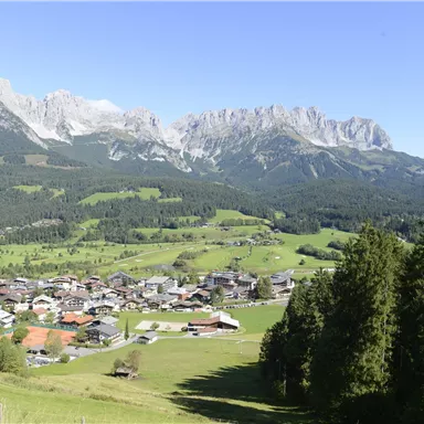 A picturesque mountain landscape with green meadows and a small village in the foreground. Impressive peaks can be seen in the background.