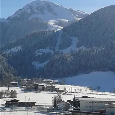 A snow-covered mountain landscape with majestic mountains and a clear blue sky. In the foreground, there are some buildings and a sports field.
