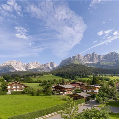 Eine malerische Landschaft mit grünen Wiesen und charmanten Hütten. Im Hintergrund erheben sich majestätische Berge unter einem klaren blauen Himmel.
