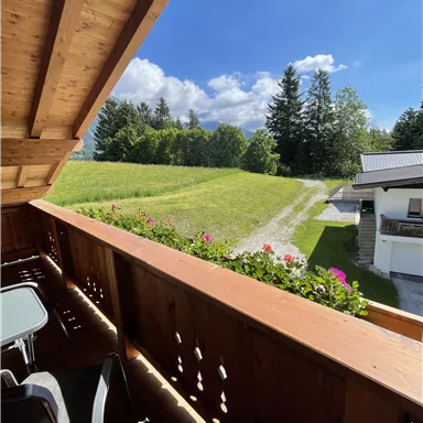 Ein Balkon mit Holzverkleidung und Blick auf eine grüne Wiese. Im Hintergrund sind Bäume und blauer Himmel sichtbar.