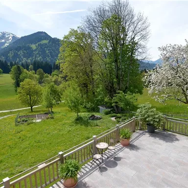 Eine schöne Aussicht auf eine grüne Wiese mit Bäumen und Bergen im Hintergrund. Der Himmel ist klar und die Landschaft ist idyllisch.