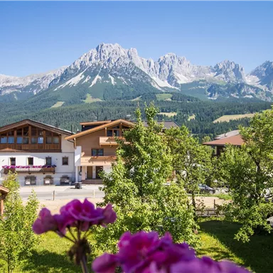 Eine malerische Alpenlandschaft mit majestätischen Bergen und schönen Holzhäusern. Im Vordergrund blühen bunte Blumen und die Sonne scheint hell.