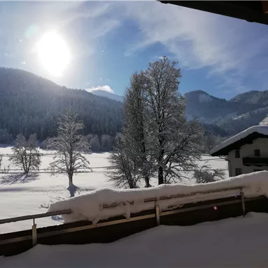 A snowy landscape with tall trees and mountains in the background. The sun shines over the winter scenery.