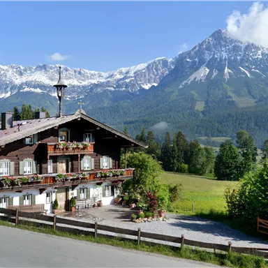 Ein malerisches Chalet im Alpenstil mit blühenden Pflanzen. Im Hintergrund ragen majestätische Berge mit schneebedeckten Gipfeln empor.