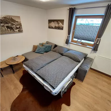 A cozy room with a sofa bed and a window. The walls are decorated with pictures and the floor is made of wood.