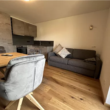Eine moderne Wohnung mit einem gemütlichen Sofa und einem Esstisch. Der Raum hat Holzfußboden und helle Wände.