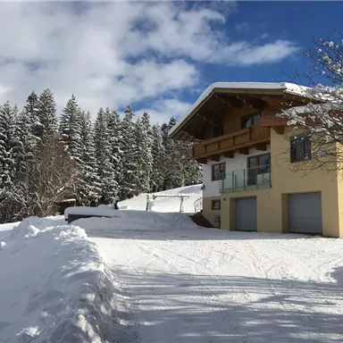 A modern house in the snow, surrounded by snow-covered trees. The sky is clear and the scene radiates winter freshness.