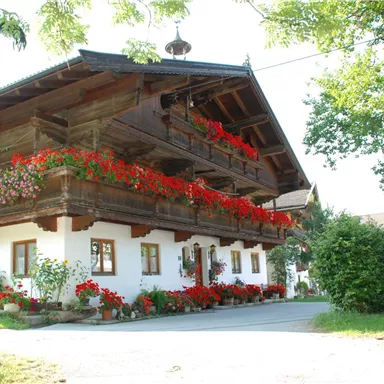 A traditional two-story wooden house with blooming balcony boxes and colorful flowers. Surrounded by trees and a well-maintained garden.
