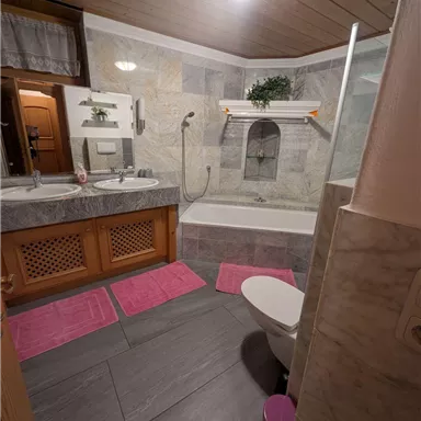 A modern bathroom with a bathtub and shower. The walls are clad with stone tiles, and pink carpets provide a colorful accent.