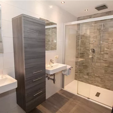 A modern bathroom with a glass shower and wood appearance. The walls are light tiled, and a sleek cabinet offers extra storage space.