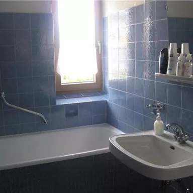 Ein Badezimmer mit blauen Fliesen, einer Badewanne und einem Waschbecken. Das Fenster lässt viel Tageslicht herein.