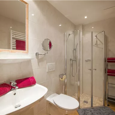 A modern bathroom with a shower, a sink, and a toilet. Red towels are ready, and a large mirror is on the wall.